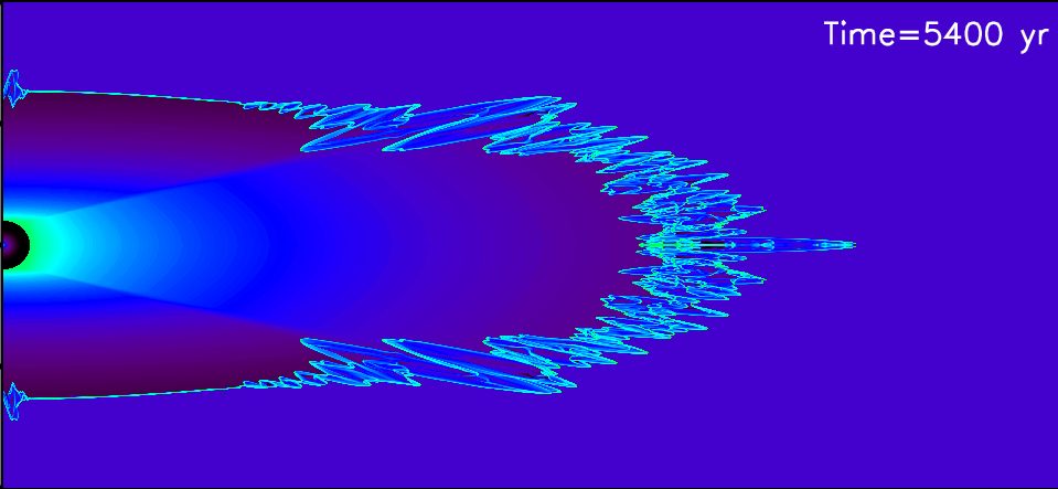 The shell of dense cold shocked gas that separates a molecular wind from a molecular environment. This simulation of a proto-planetary nebula demonstrates that the shell fragments in to fingers and cometary globules see Novikov & Smith 2018, MNRAS 480, 75).