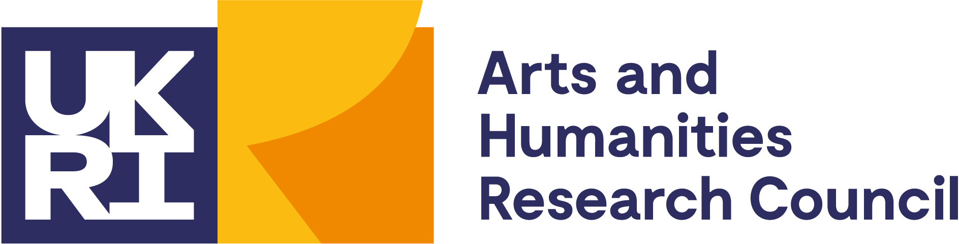 AHRC logo. Dark text with yellow shape