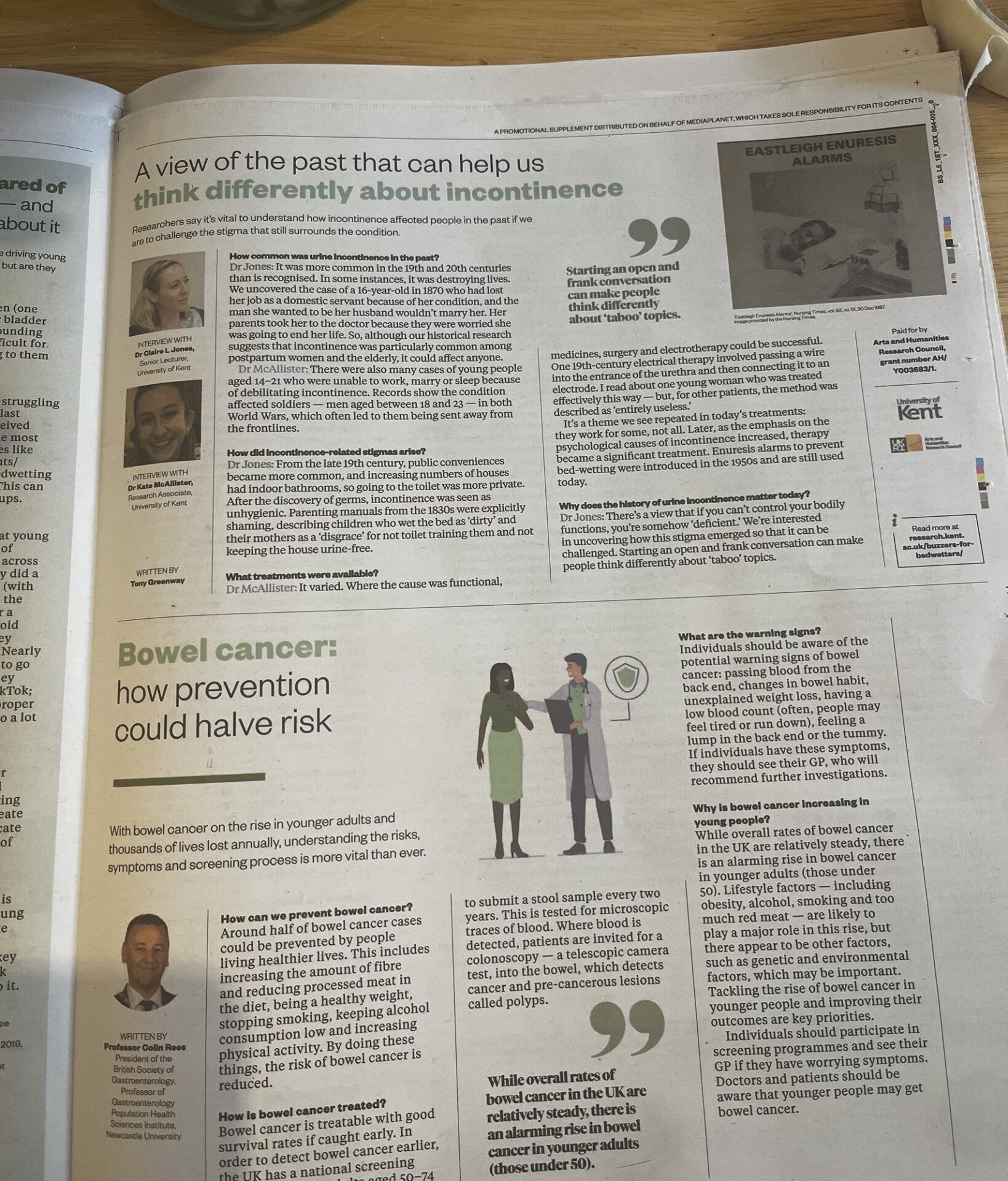 Page in the Guardian, printed 18th June 2025. Features an interview with Dr Jones and McAllister, where they discuss why the history of urine incontinence can help to challenge stigma today.