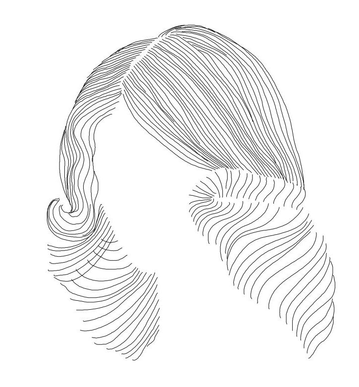 A sketch of a woman with long wavy hair where the face is not visible.