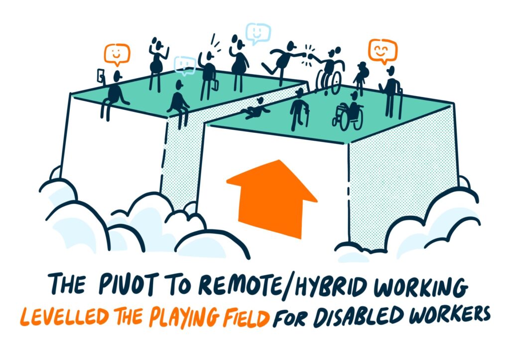 Cartoon of two playing fields with stick people waving, working, sitting, and two doing a fist bump across the divide. On the right playing field, a large arrow indicates that it is rising to be level with the playing field on the left.
