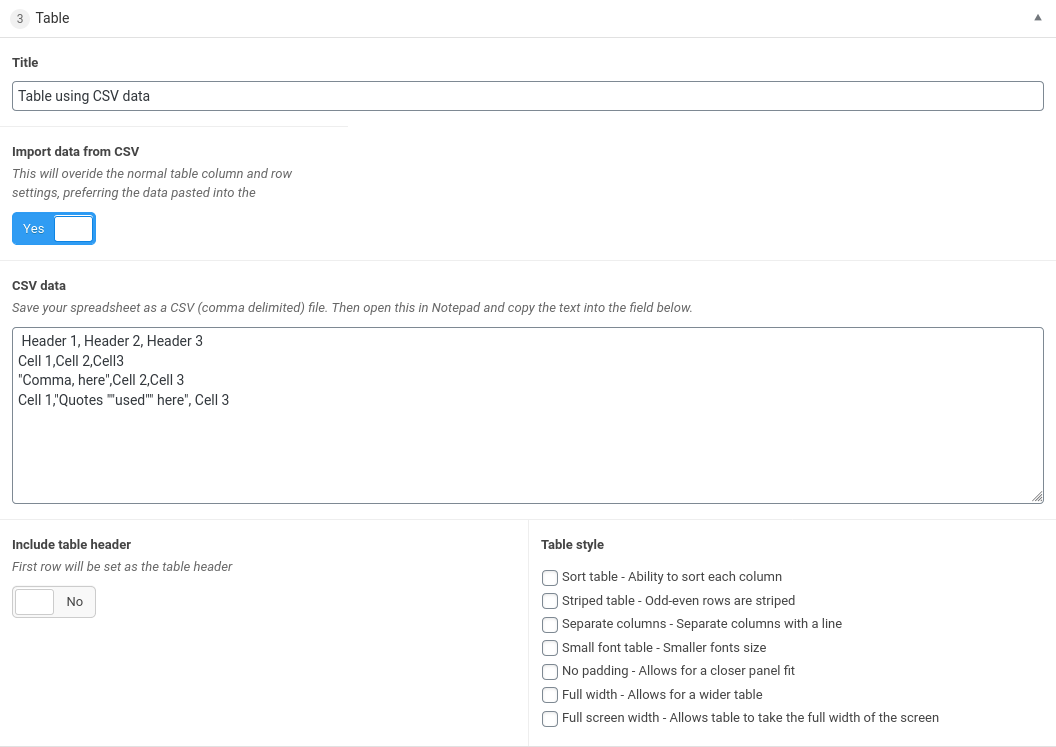 text area showing csv data on the table panel