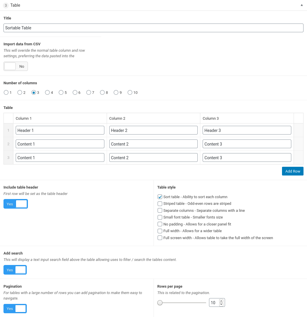 sort table option is toggled with options for pagiation and search on the table panel