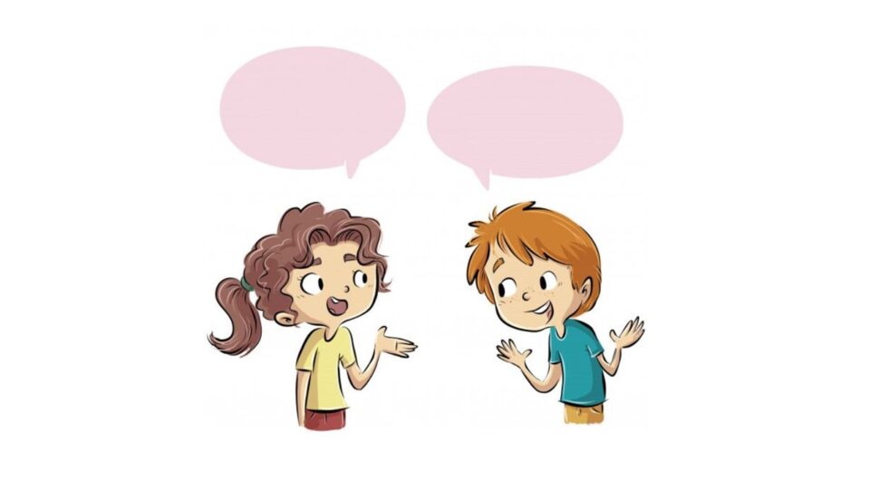 Illustration of two children talking with speech bubbles above them