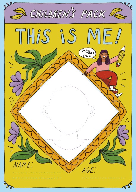 Colourful front page of children's education pack. Blank central diamond shape with caption 