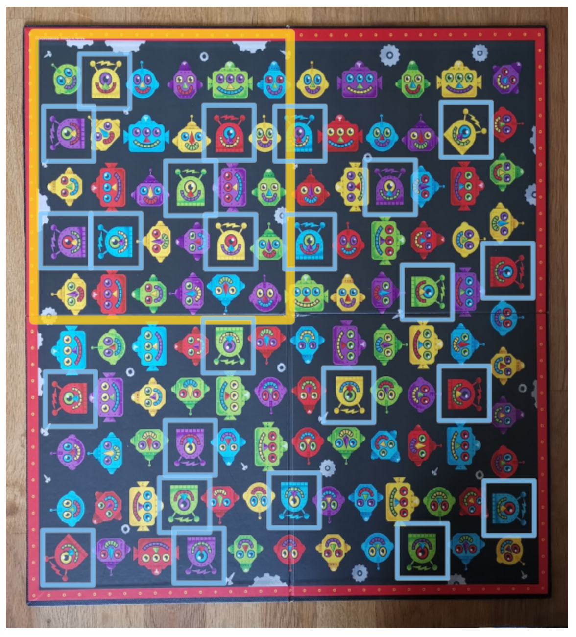 a gaming board with lot of robot faces, with the top-left quarter of the board framed in yellow and some robot faces framed in blue