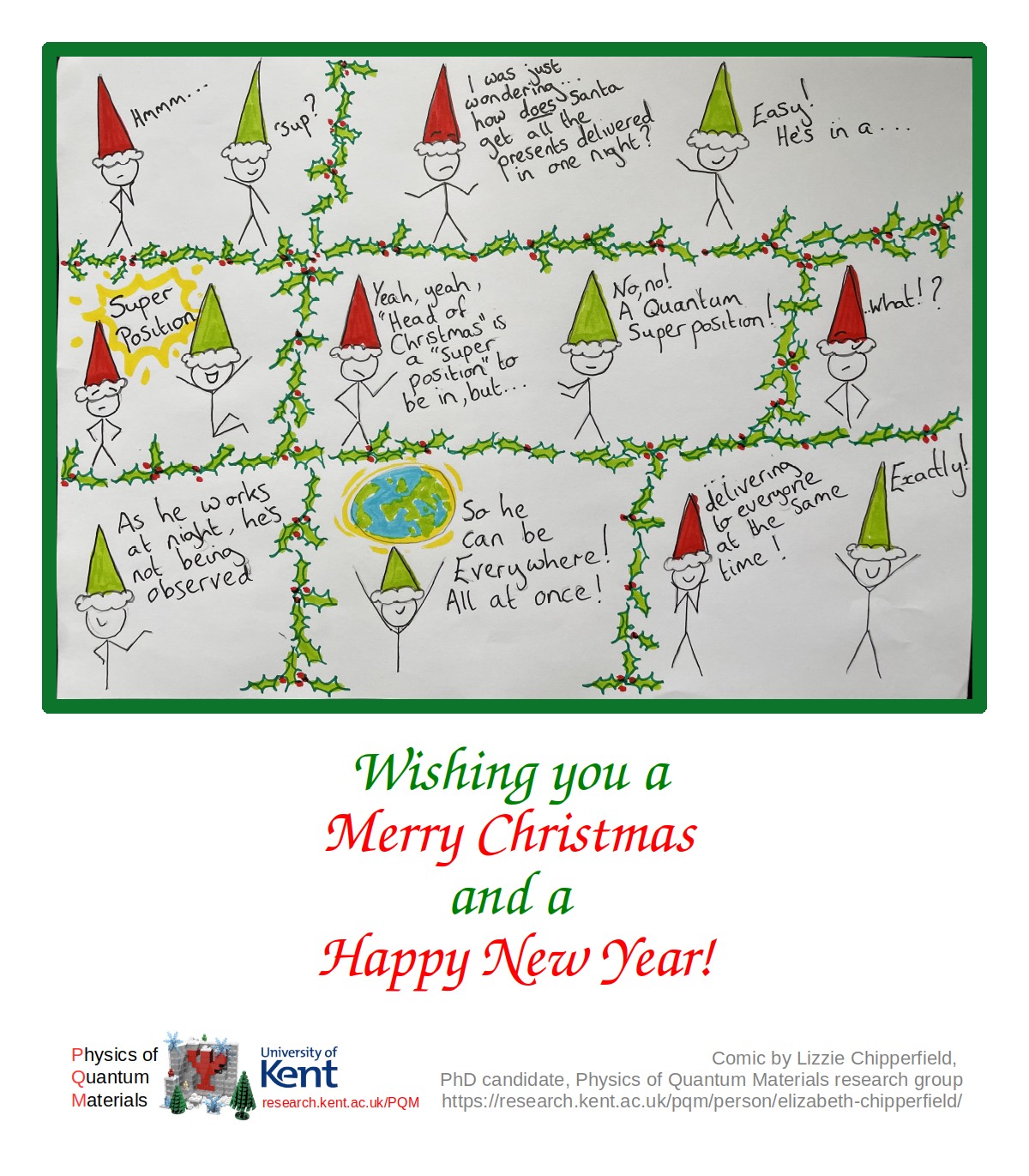 Christmas greeting card feturing a comic where two quantum physicists explain Santa