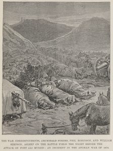 The War Correspondents, Archibald Forbes, Phil Robinson and William Simpson, asleep on the battlefield during the Afghan War of 1879. [Published in the Sketch, 8 February 1893, p.80] © National Portrait Gallery, London