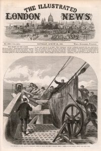 Cover of the Illustrated London News, 26th August 1865, featuring the breaking of the Atlantic telegraph cable on board the Great Eastern, engraving after a sketch by Robert Dudley.