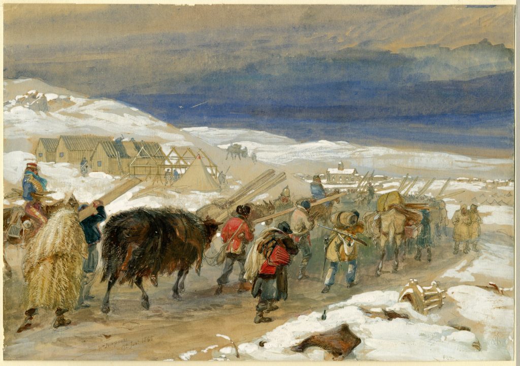 Huts & warm clothing for the army by William Simpson. 1855. Watercolor, 24.0 x 34.3 cm. Signed and dated 17 January 1855.