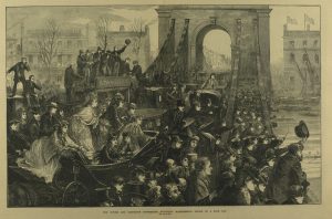 ‘The Oxford and Cambridge Universities Boat Race: Hammersmith Bridge on a Race Day’, Illustrated London News, 23 March 1872, p. 295.
