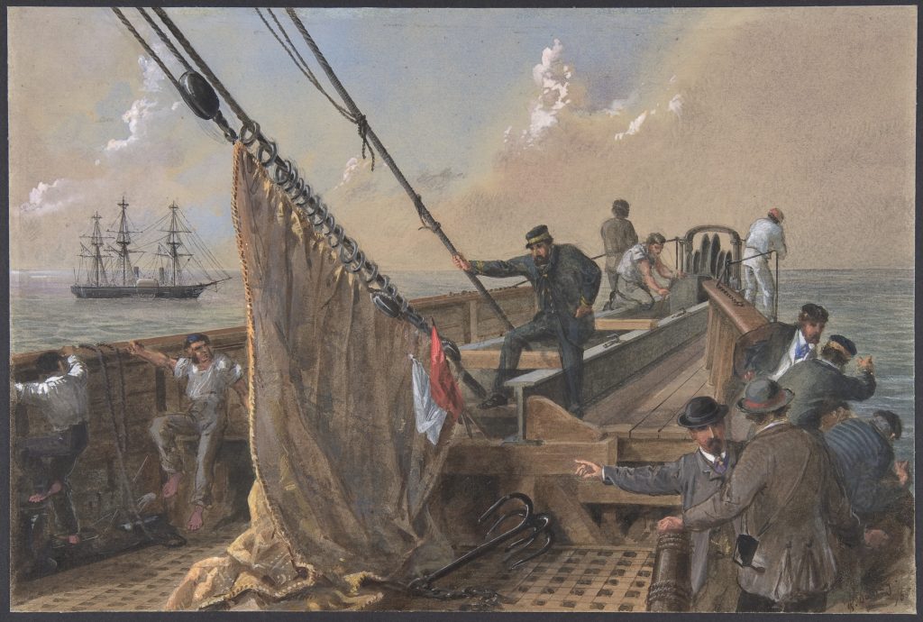 Robert Dudley, Forward Deck of the Great Eastern Cleared for the First Attempt to Grapple for the Lost Cable, August 11th, 1865. Watercolor over graphite with touches of gouache.
