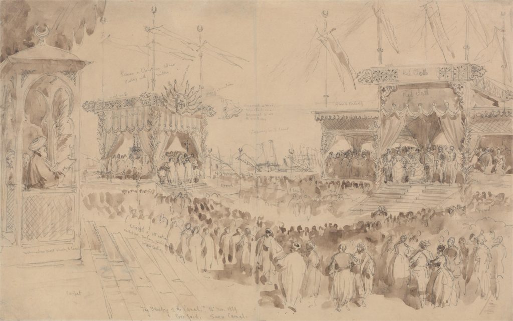 William Simpson, The Blessing of the Suez Canal, November 16, 1869. Graphite and brown wash.