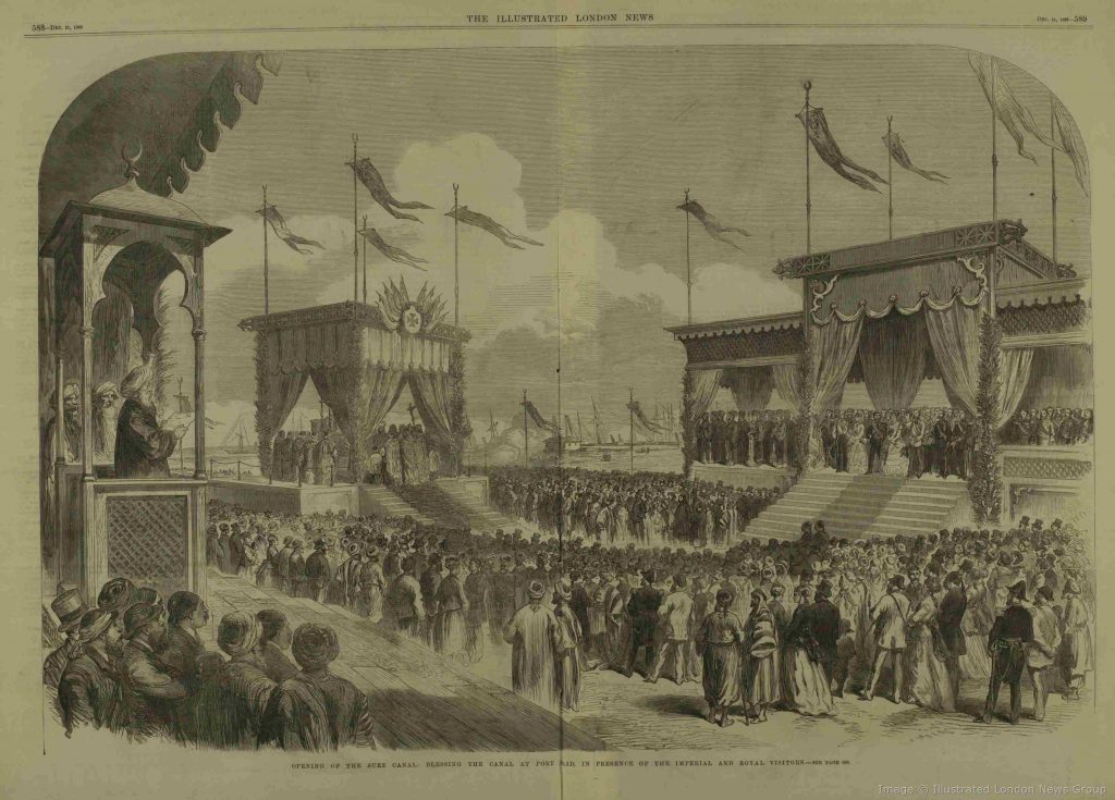 After William Simpson, Opening of the Suez Canal: Blessing the Canal at Port Said in Presence of the Imperial and Royal Visitors, wood engraving, Illustrated London News, 11 December 1869, pp. 588-89.