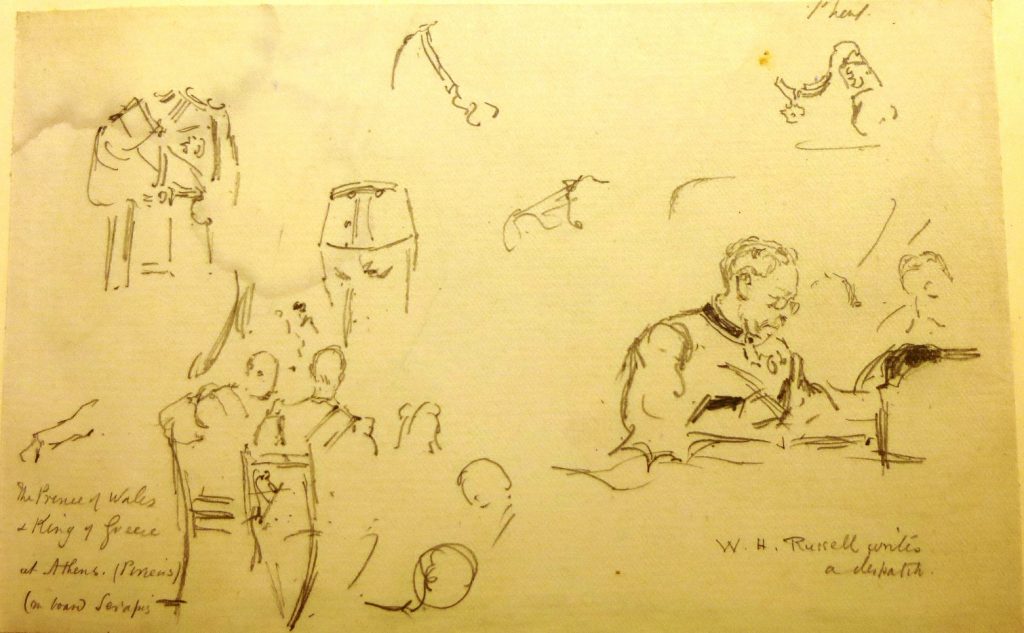 Sydney Prior Hall, Album: Scraps. The Prince of Wales and King of Greece seated at table to left on HMS Serapis, Piraeus. W.H. Russell writes a dispatch, seated to right. Sheet filled with studies of details of uniforms. Inscribed.