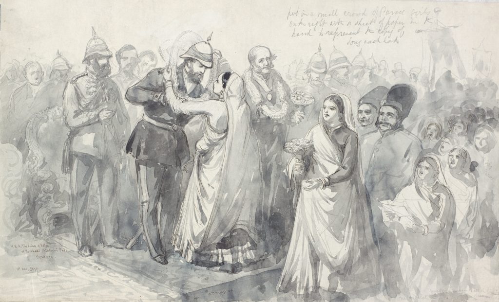 William Simpson, H.R.H, The Prince of Wales at the School Children’s Fete Bombay, 10th November 1875, 1875, pencil with grey wash and white, ©CSG CIC <a href="http://www.glasgowlife.org.uk/libraries/the-mitchell-library/special-collections/Pages/home.aspx">Glasgow Museums and Libraries Collection: The Mitchell Library, Special Collections.</a>
