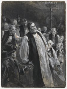 Sydney Prior Hall, The Education Bill in the House of Lords (The Collapse of the Archbishop of Canterbury), watercolour, published in The Graphic, 13 December 1902.
